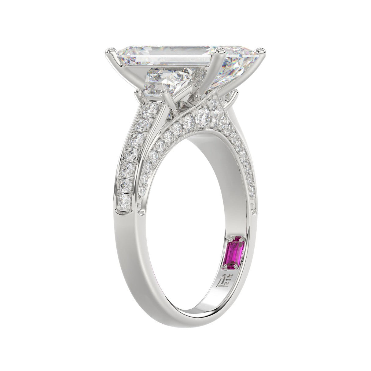 21K PLATINUM LADIES RING WITH 4.00CT ROUND/EMERALD/BAGUETTE DIAMONDS (CENTER STONE EMERALD DIAMOND 3CT)