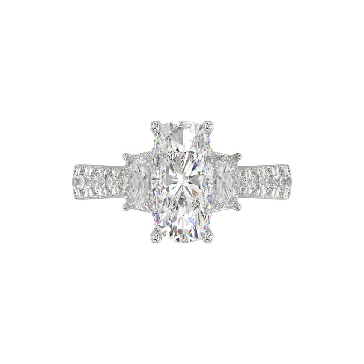 21K PLATINUM LADIES RING WITH 3 1/3CT ROUND/CUSHION/BAGUETTE DIAMONDS (CENTER STONE CUSHION DIAMOND 2CT)