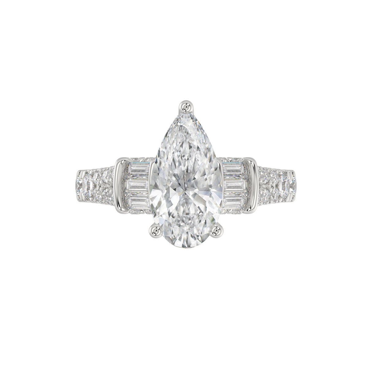 21K PLATINUM LADIES RING 2 3/4CT ROUND/PEAR/BAGUETTE DIAMOND (CENTER STONE PEAR DIAMOND 2CT)