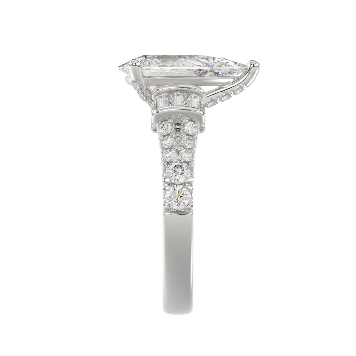 21K PLATINUM LADIES RING 2 3/4CT ROUND/PEAR/BAGUETTE DIAMOND (CENTER STONE PEAR DIAMOND 2CT)