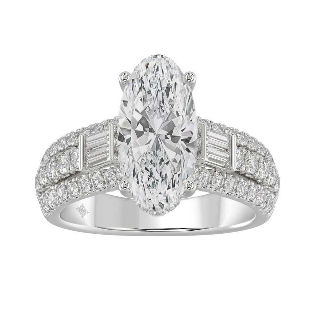 Classic 14K White Gold Ladies Diamond Ring  4.00CT Round Oval & Baguette Diamonds with 3.00CT  Oval  Center stone (Color F-G -Clarity VS1/VS2)