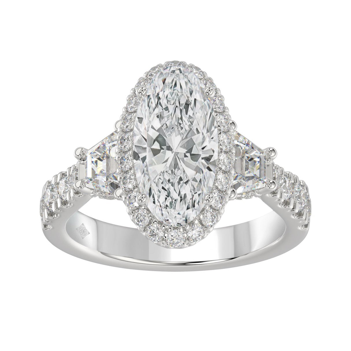 14K White Gold Halo Engagement Ring with Side Stones, 3 1/4CT Round, Baguette,Trapezoid Diamond & 2.00CT Oval Center stone (Color F-G -Clarity VS1/VS2)