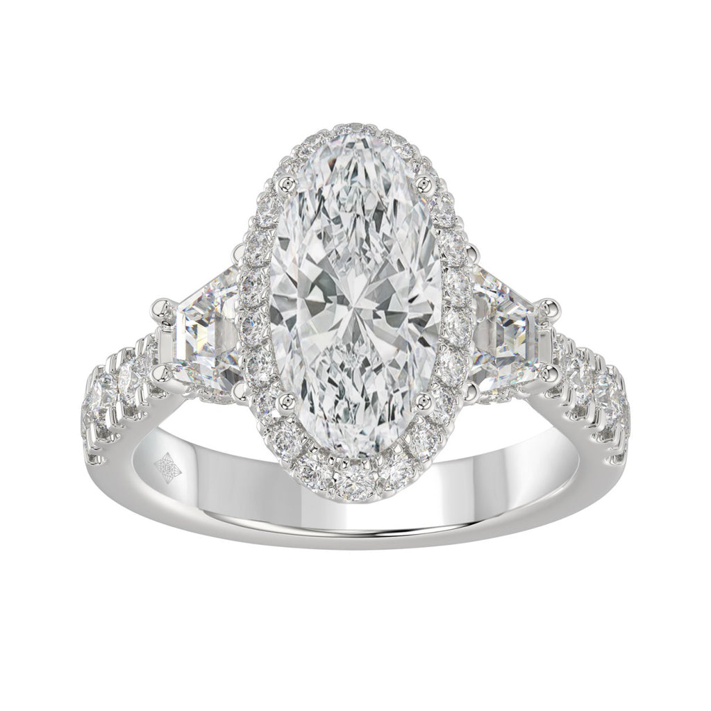 14K White Gold Halo Engagement Ring with Side Stones, 3 1/4CT Round, Baguette,Trapezoid Diamond & 2.00CT Oval Center stone (Color F-G -Clarity VS1/VS2)
