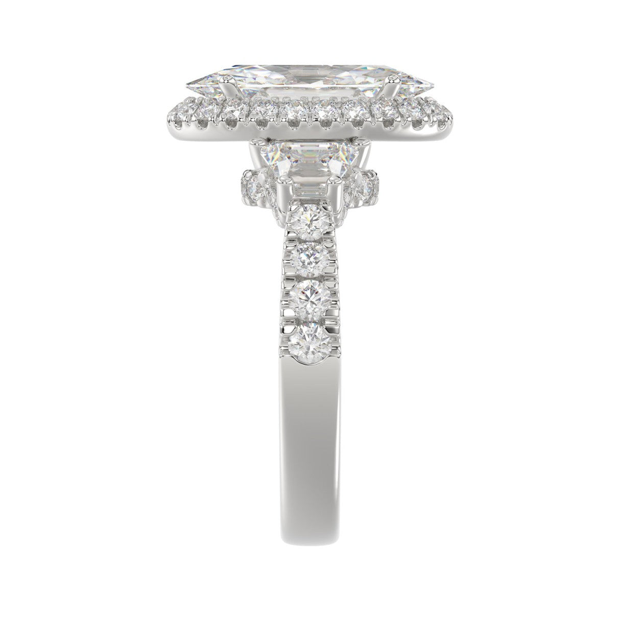 14K White Gold Halo Engagement Ring with Side Stones, 3 1/4CT Round, Baguette,Trapezoid Diamond & 2.00CT Oval Center stone (Color F-G -Clarity VS1/VS2)