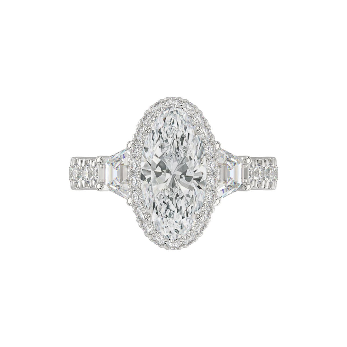 21K PLATINUM LADIES RING 3 1/4CT ROUND/ELONGATED OVAL/TRAPEZOID/BAGUETTE DIAMOND (CENTER STONE ELONGATED  OVAL DIAMOND 2CT)