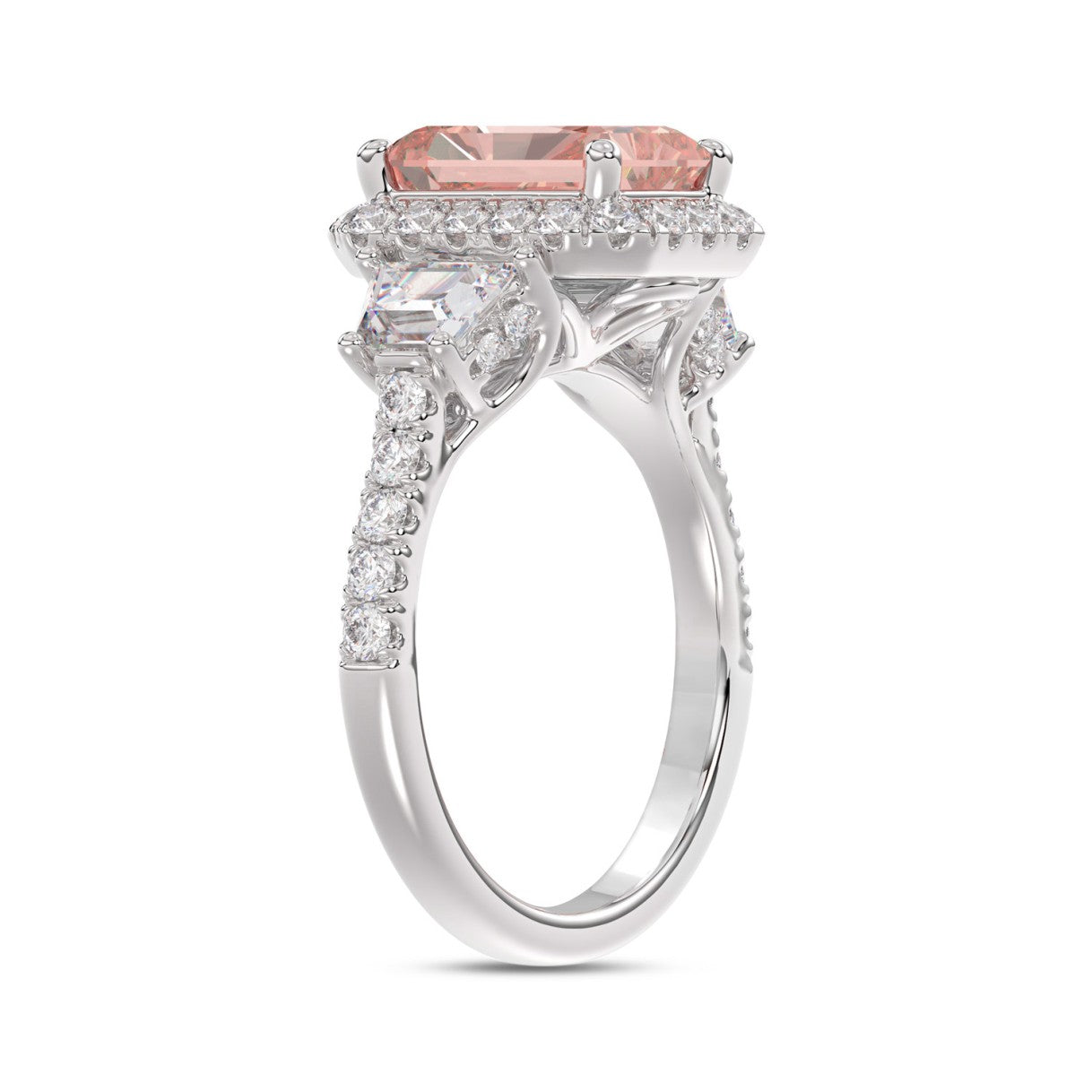 14K WHITE GOLD 4 1/4CT ROUND/RADIANT/TRAPEZOID DIAMOND LADIES RING (CENTER STONE PINK RADIANT DIAMOND 3.00CT)