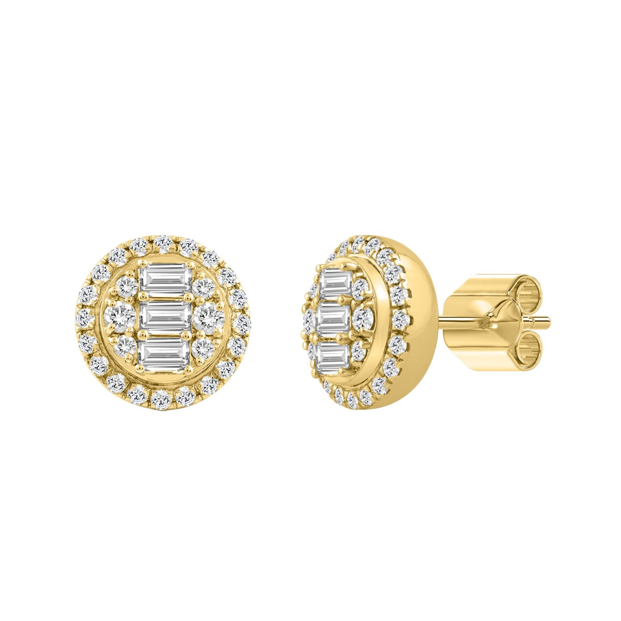 10K YELLOW GOLD 1 1/4CT ROUND/EMERALD DIAMOND LADIES EARRINGS 