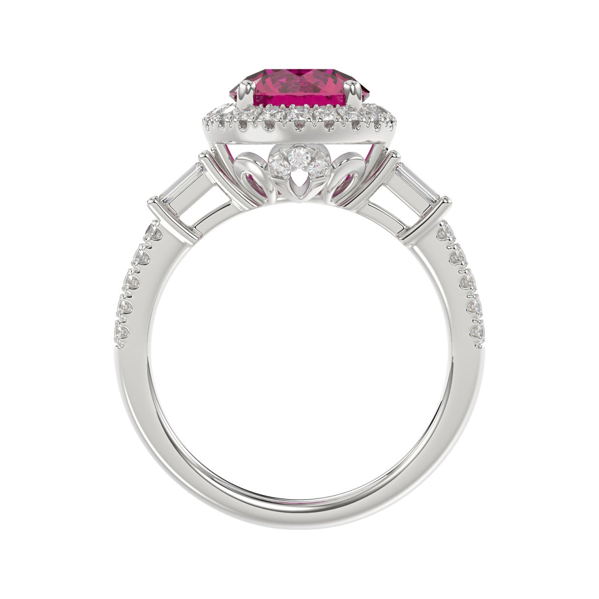 14K WHITE GOLD 2 1/2CT ROUND/BAGUETTE DIAMOND LADIES RING (CENTER STONE ROUND RUBY DIAMOND 2CT)