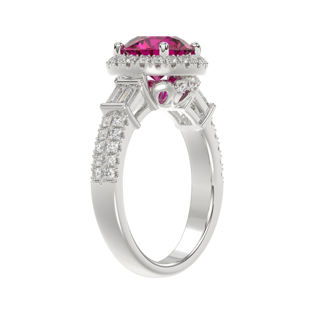 14K WHITE GOLD 2 1/2CT ROUND/BAGUETTE DIAMOND LADIES RING (CENTER STONE ROUND RUBY DIAMOND 2CT)