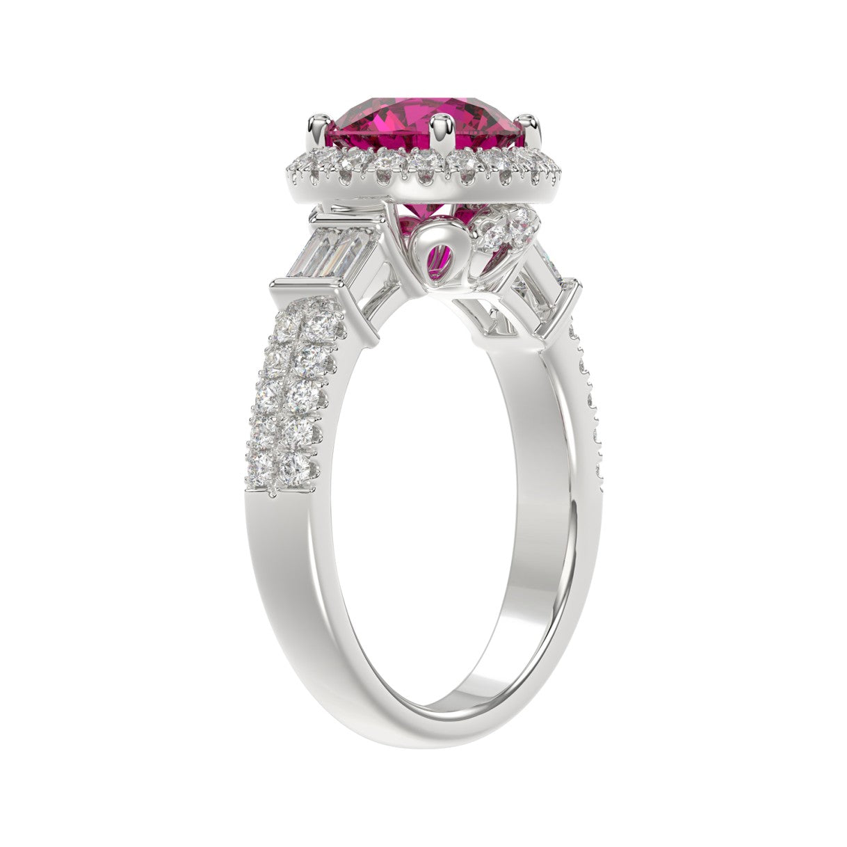 14K WHITE GOLD 2 1/2CT ROUND/BAGUETTE DIAMOND LADIES RING (CENTER STONE ROUND RUBY DIAMOND 2CT)