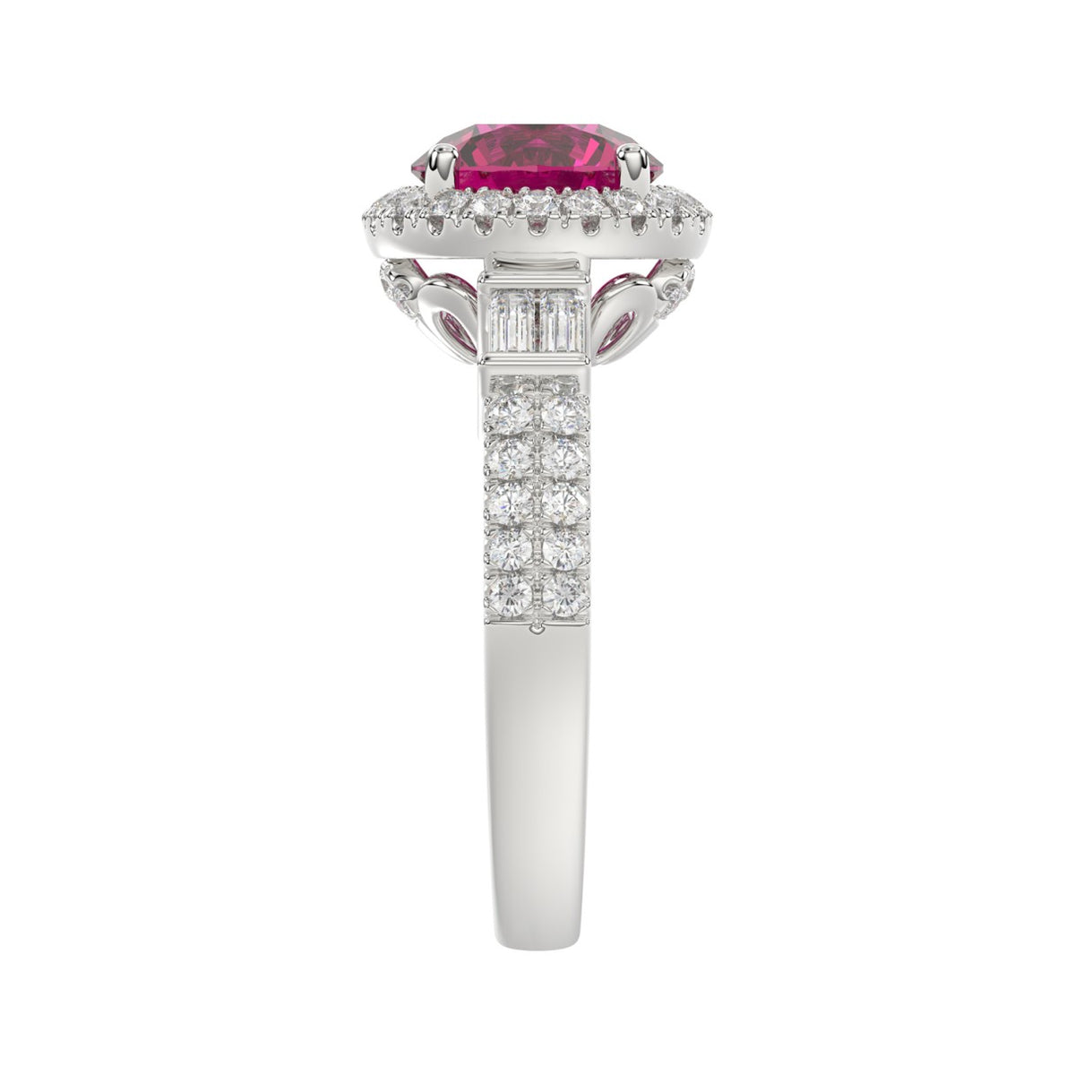 14K WHITE GOLD 2 1/2CT ROUND/BAGUETTE DIAMOND LADIES RING (CENTER STONE ROUND RUBY DIAMOND 2CT)