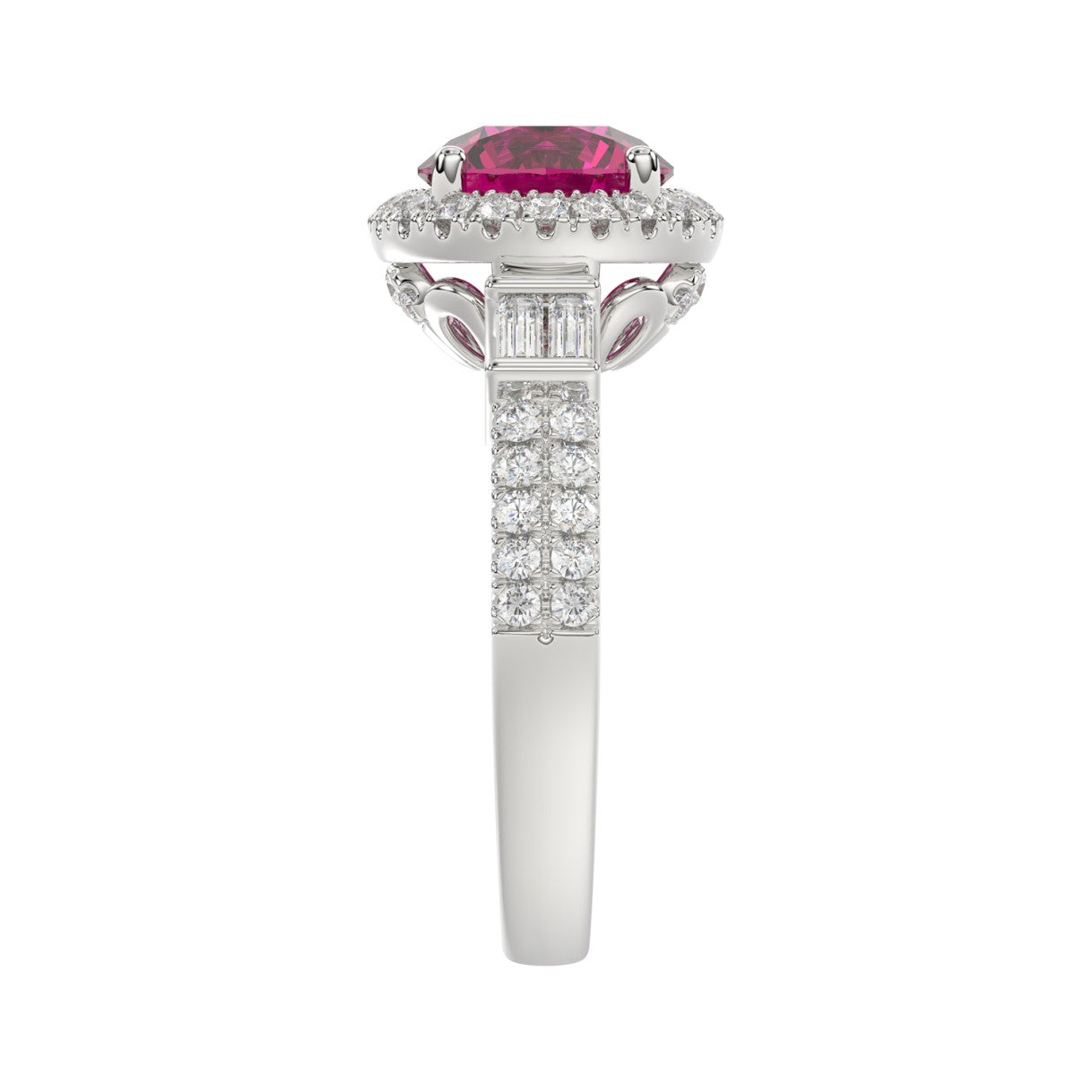 14K WHITE GOLD 2 1/2CT ROUND/BAGUETTE DIAMOND LADIES RING (CENTER STONE ROUND RUBY DIAMOND 2CT)