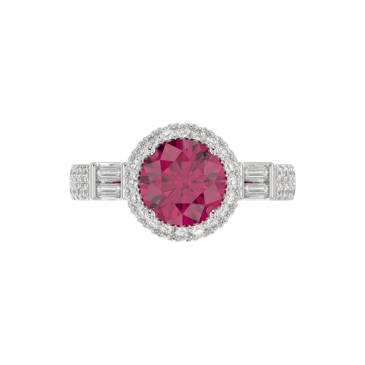 14K WHITE GOLD 2 1/2CT ROUND/BAGUETTE DIAMOND LADIES RING (CENTER STONE ROUND RUBY DIAMOND 2CT)