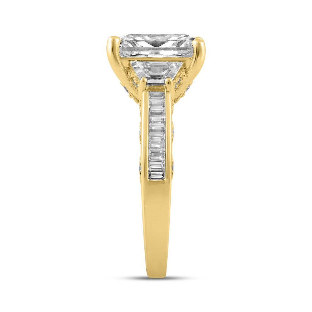 Luxury 14K Yellow Gold 4 1/4Ct Radiant & Round Lab Grown Diamond Engagement Ring 3.00Ct Radiant Center Stone With Trapezoid & Baguette Side Stones Trilogy Three Stone Ring For Women (Color F-G Clarity Vs1/Vs2)