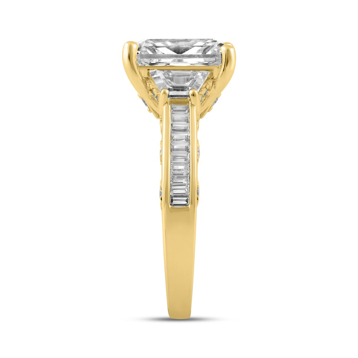 Luxury 14K Yellow Gold 4 1/4Ct Radiant & Round Lab Grown Diamond Engagement Ring 3.00Ct Radiant Center Stone With Trapezoid & Baguette Side Stones Trilogy Three Stone Ring For Women (Color F-G Clarity Vs1/Vs2)