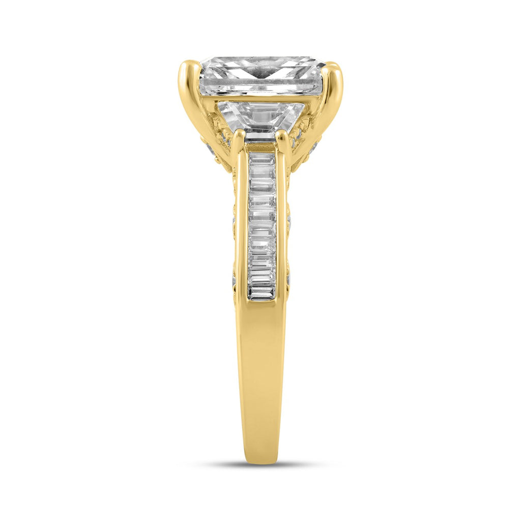 Luxury 14K Yellow Gold 4 1/4Ct Radiant & Round Lab Grown Diamond Engagement Ring 3.00Ct Radiant Center Stone With Trapezoid & Baguette Side Stones Trilogy Three Stone Ring For Women (Color F-G Clarity Vs1/Vs2)