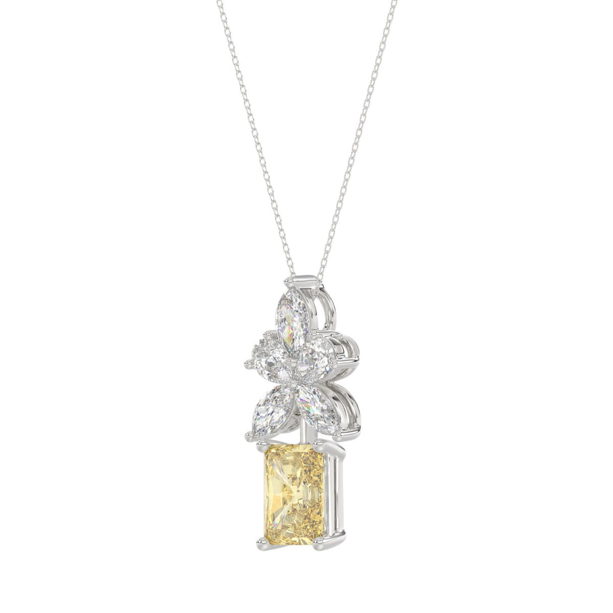 14K WHITE GOLD 2 1/4CT PEAR/MARQUISE/RADIANT DIAMOND LADIES PENDANT WITH CHAIN (CENTER STONE YELLOW RADIANT DIAMOND 1 1/2CT)