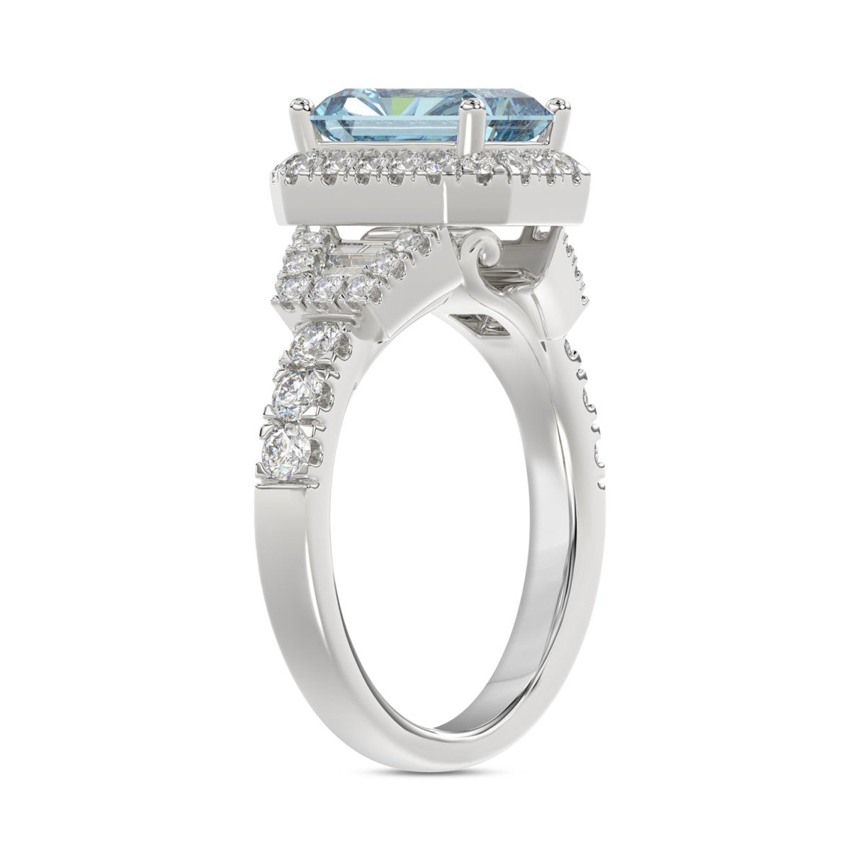 14K WHITE GOLD 2 3/4CT ROUND/BAGUETTE/RADIANT DIAMOND LADIES RING (CENTER STONE BLUE RADIANT DIAMOND 2.00CT)