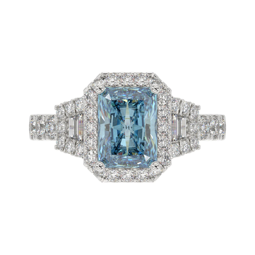 14K WHITE GOLD 2 3/4CT ROUND/BAGUETTE/RADIANT DIAMOND LADIES RING (CENTER STONE BLUE RADIANT DIAMOND 2.00CT)