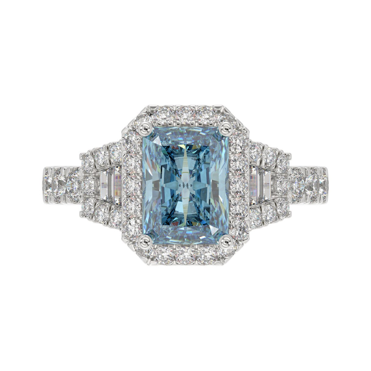 14K WHITE GOLD 2 3/4CT ROUND/BAGUETTE/RADIANT DIAMOND LADIES RING (CENTER STONE BLUE RADIANT DIAMOND 2.00CT)