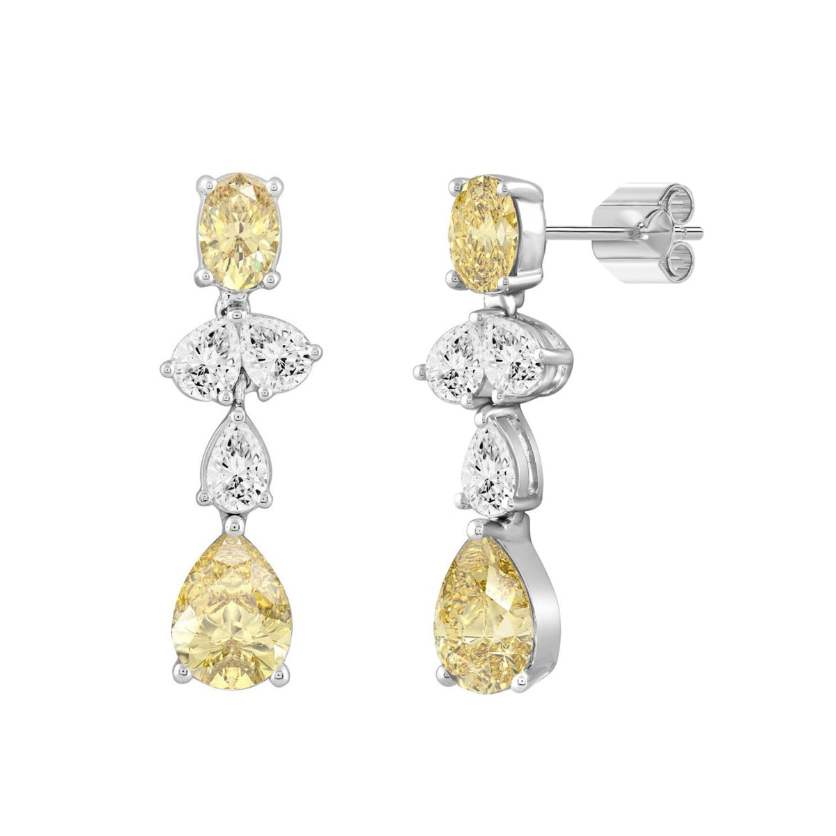 14K WHITE GOLD 3 1/2CT OVAL/PEAR DIAMOND LADIES EARRINGS (YELLOW PEAR DIAMOND 3/4CT/YELLOW OVAL DIAMOND 1/2CT)