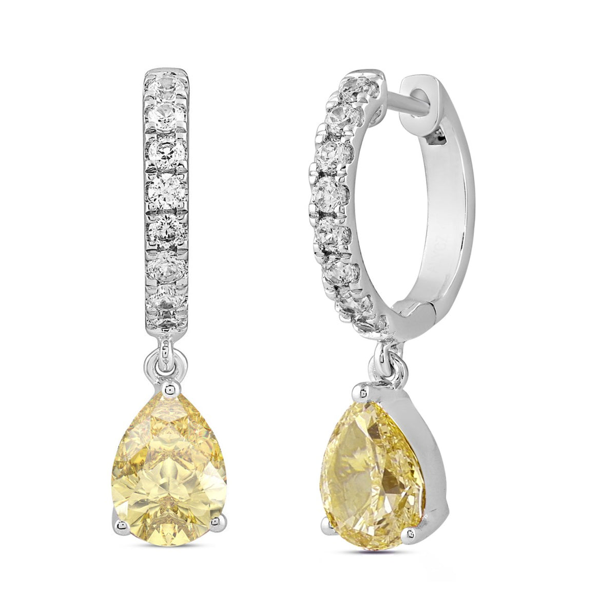 14K WHITE GOLD 2.00CT ROUND/YELLOW PEAR DIAMOND LADIES HOOP EARRINGS 