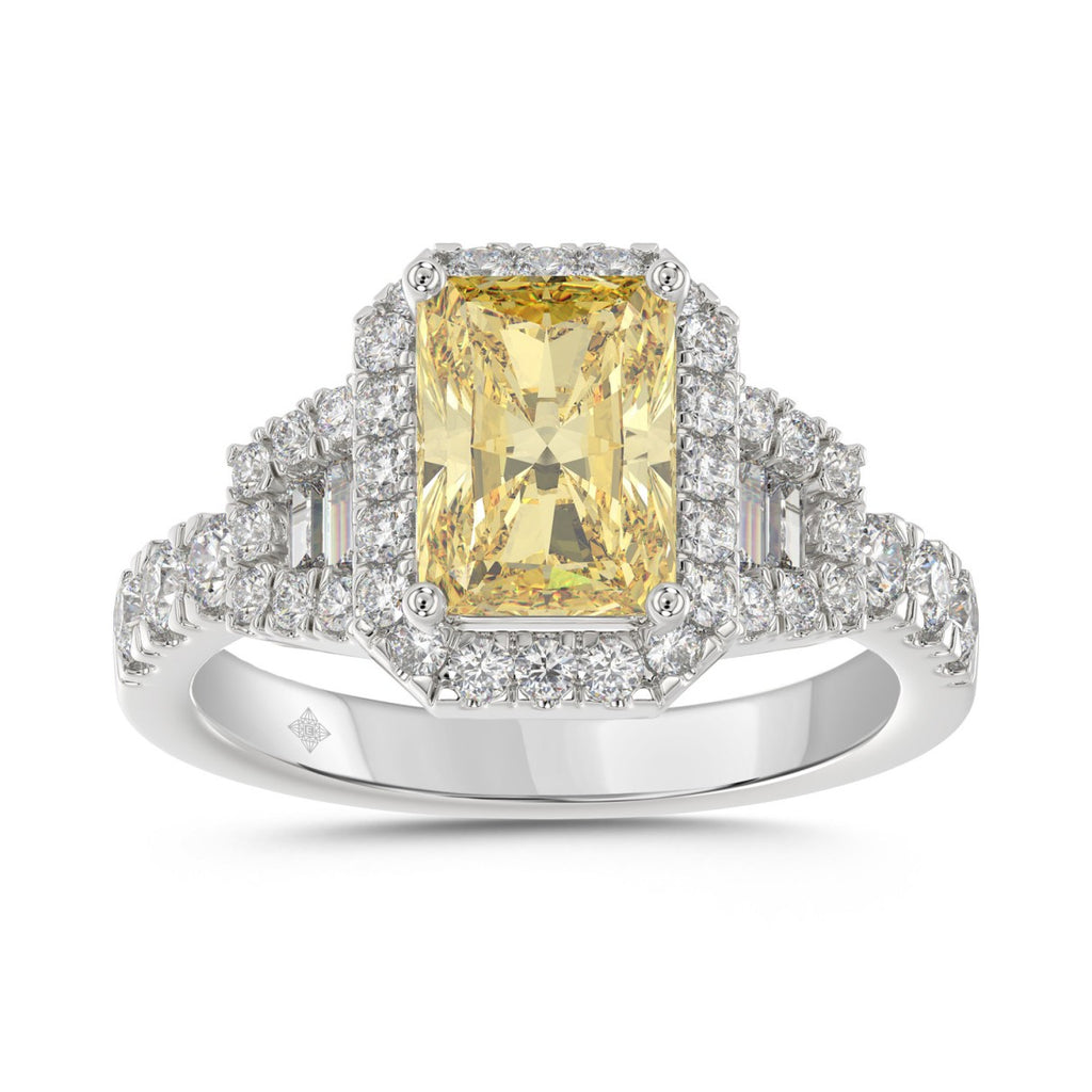 14K White Gold 2 3/4 Ct Lab Grown Round & Baguette Diamond Halo Engagement Ring With 2.00Ct Yellow Radiant Cut Center Diamond For Women