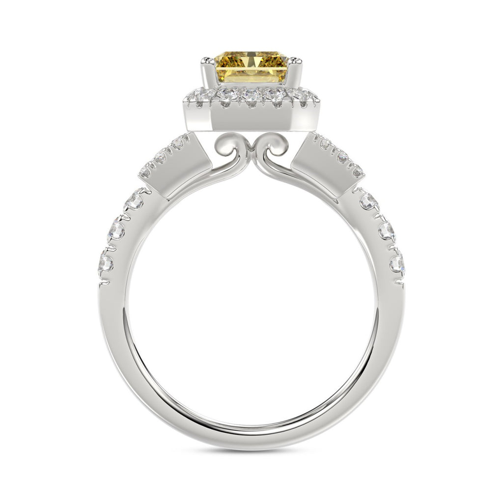 14K White Gold 2 3/4 Ct Lab Grown Round & Baguette Diamond Halo Engagement Ring With 2.00Ct Yellow Radiant Cut Center Diamond For Women