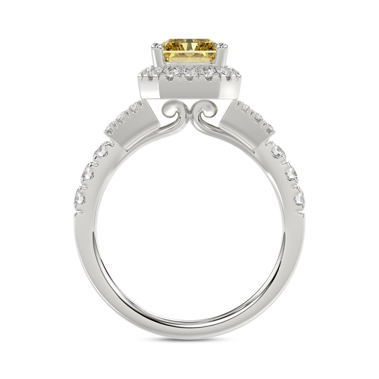 14K White Gold 2 3/4 Ct Lab Grown Round & Baguette Diamond Halo Engagement Ring With 2.00Ct Yellow Radiant Cut Center Diamond For Women