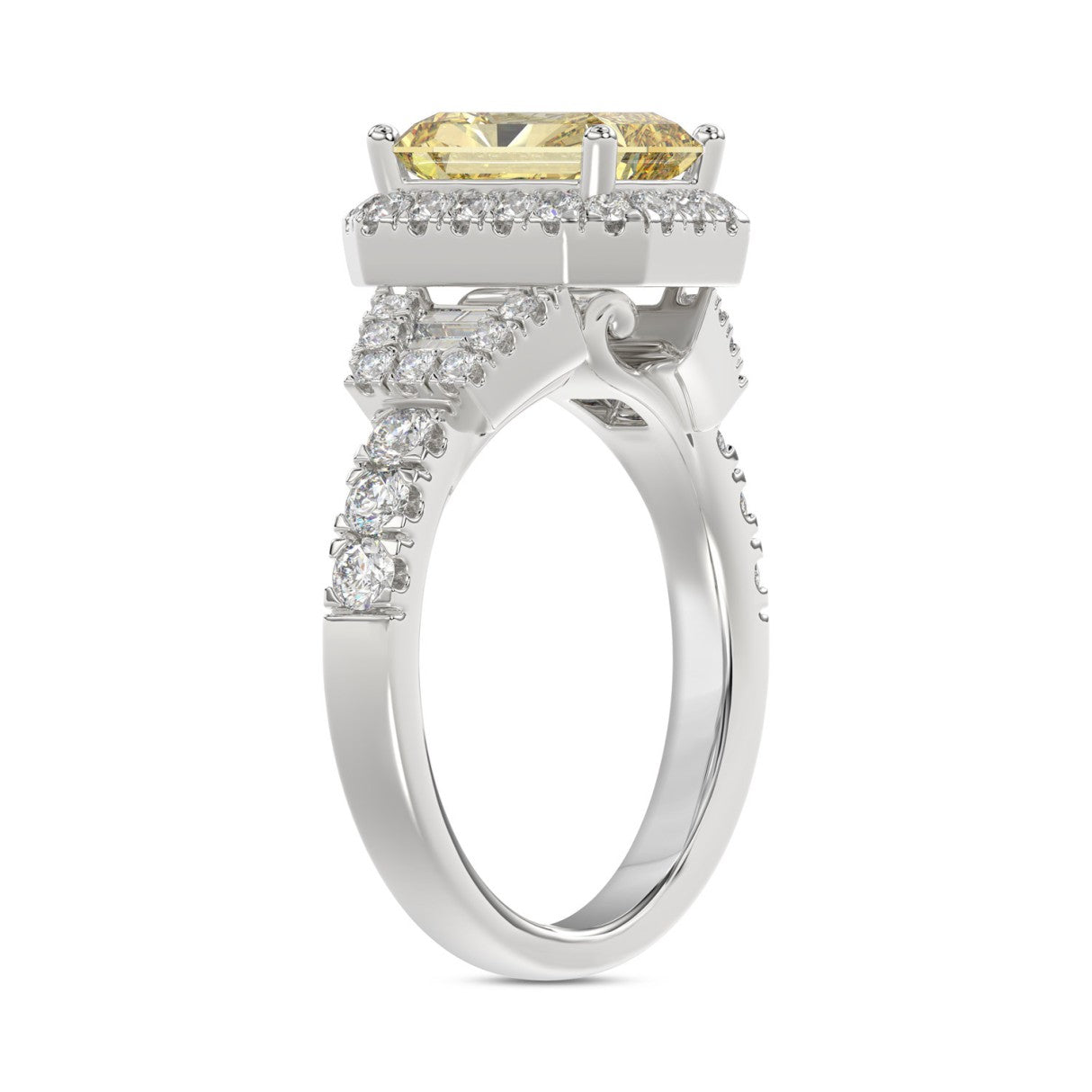 14K White Gold 2 3/4 Ct Lab Grown Round & Baguette Diamond Halo Engagement Ring With 2.00Ct Yellow Radiant Cut Center Diamond For Women