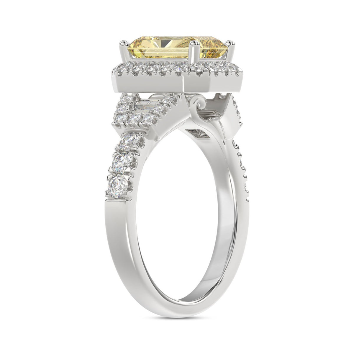Luxury 14K White Gold 2.3/4Ct Round/Baguette & Radiant Lab Grown Diamond Engagement Halo Ring Yellow 2.00 Ct Radiant Cut Center