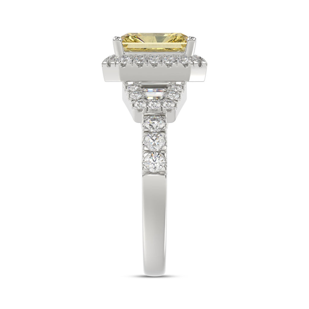 14K White Gold 2 3/4 Ct Lab Grown Round & Baguette Diamond Halo Engagement Ring With 2.00Ct Yellow Radiant Cut Center Diamond For Women