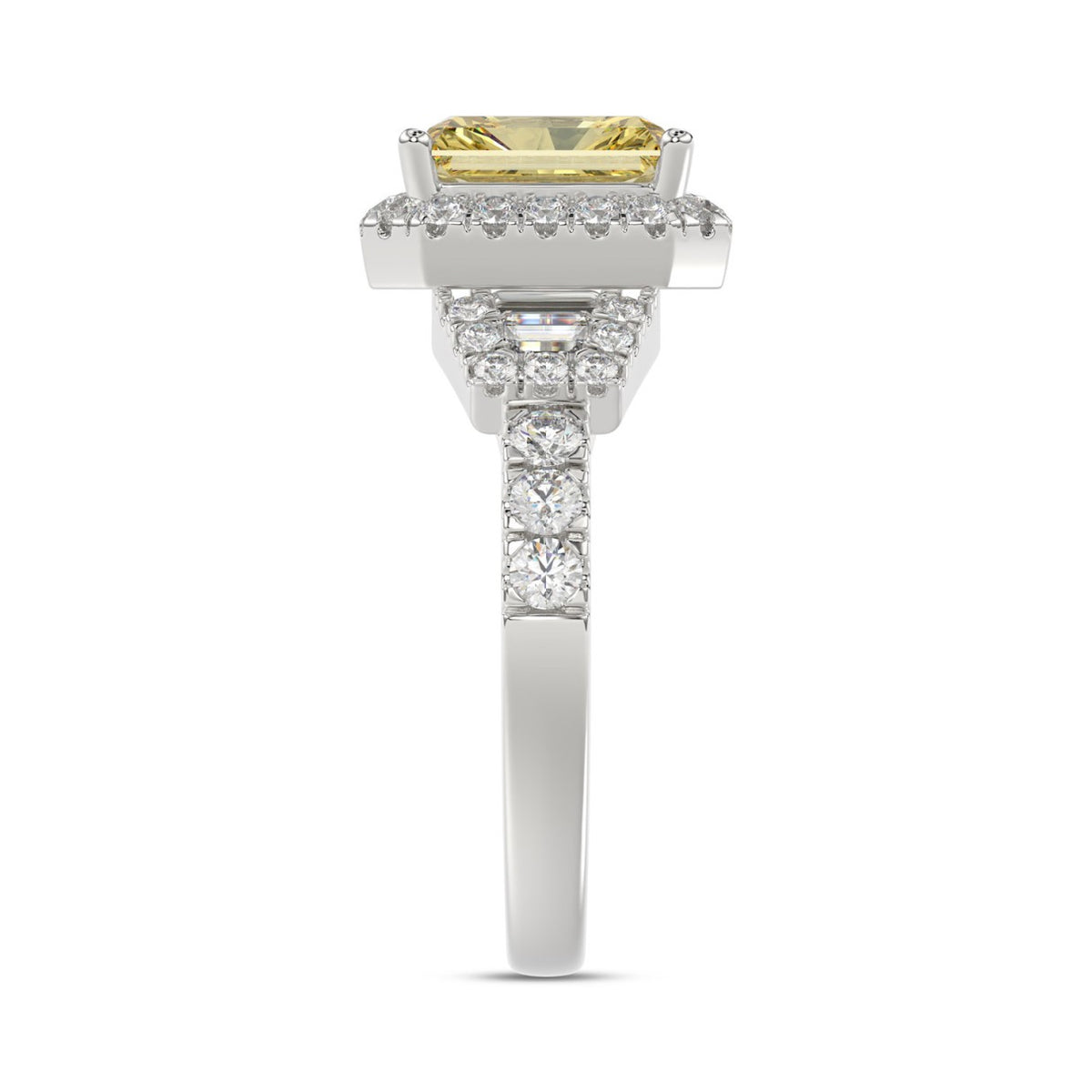 Luxury 14K White Gold 2.3/4Ct Round/Baguette & Radiant Lab Grown Diamond Engagement Halo Ring Yellow 2.00 Ct Radiant Cut Center