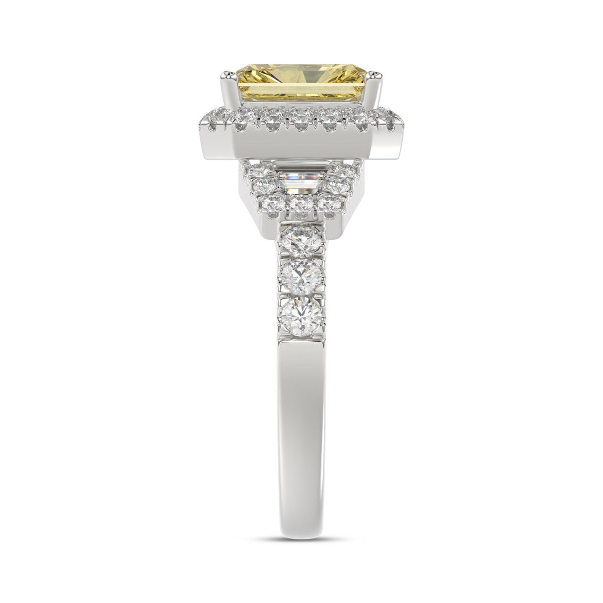 14K White Gold 2 3/4 Ct Round, Baguette & Radiant Diamond Halo Engagement Ring For Women 2.00 Ct Yellow Radiant Center Stone