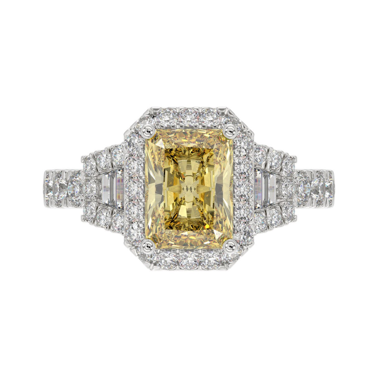 14K White Gold 2 3/4 Ct Lab Grown Round & Baguette Diamond Halo Engagement Ring With 2.00Ct Yellow Radiant Cut Center Diamond For Women