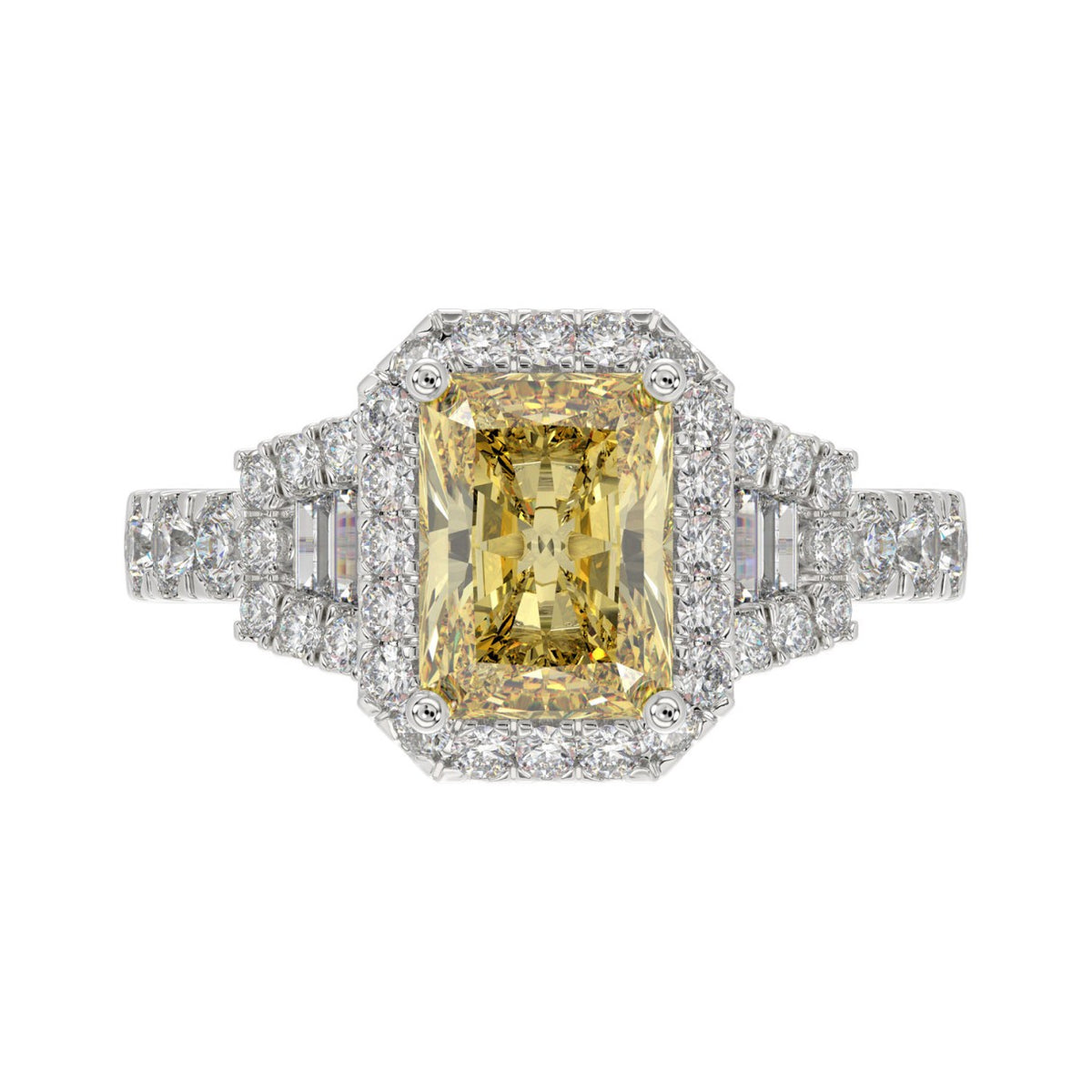 Luxury 14K White Gold 2.3/4Ct Round/Baguette & Radiant Lab Grown Diamond Engagement Halo Ring Yellow 2.00 Ct Radiant Cut Center