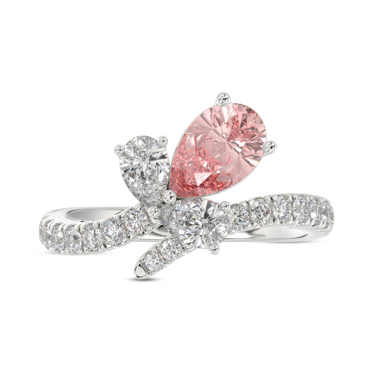 ETERNAL BLUSH COLLECTION 14K WHITE GOLD 1 3/4CT ROUND/PEAR/PINK PEAR DIAMOND LADIES RING (CENTER STONE PINK PEAR DIAMOND 1.00CT)