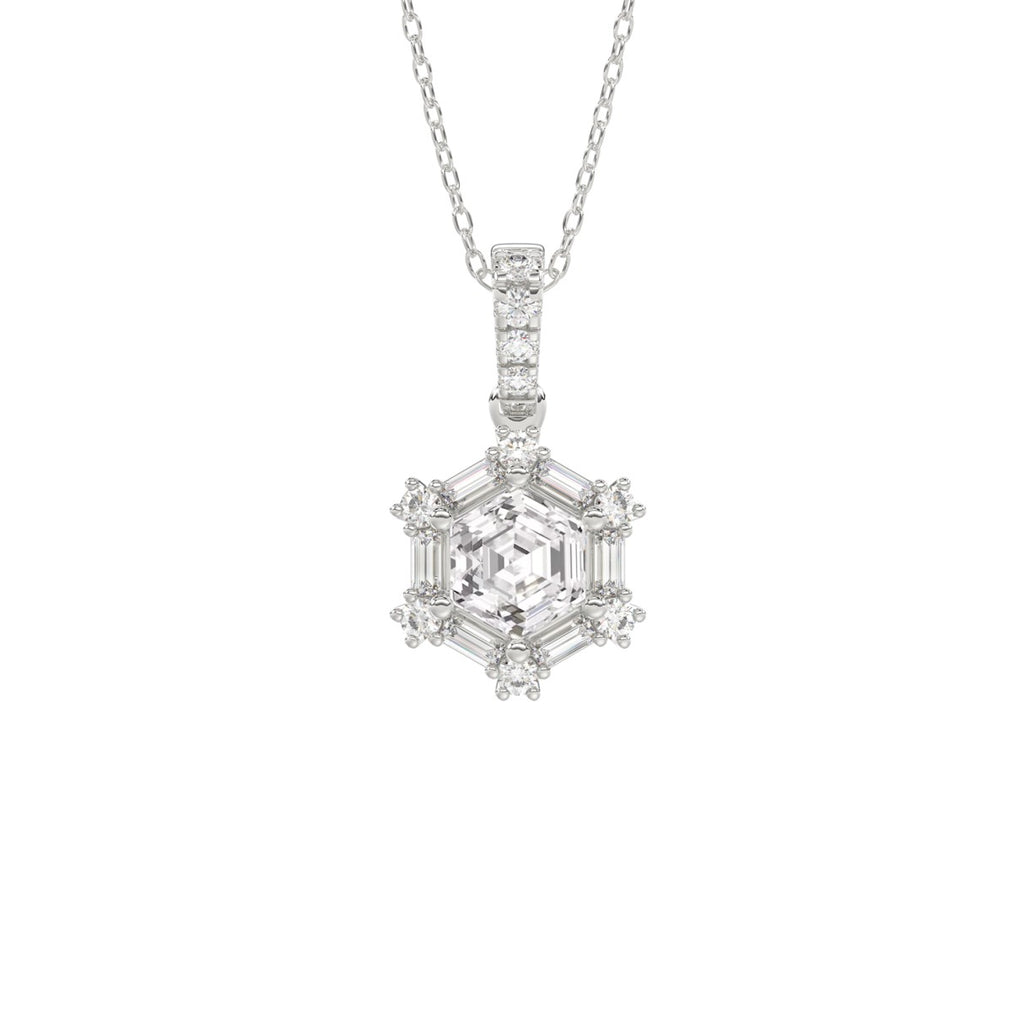 14K WHITE GOLD 1.00CT ROUND/BAGUETTE/HEXAGON STEP CUT DIAMOND LADIES PENDANT