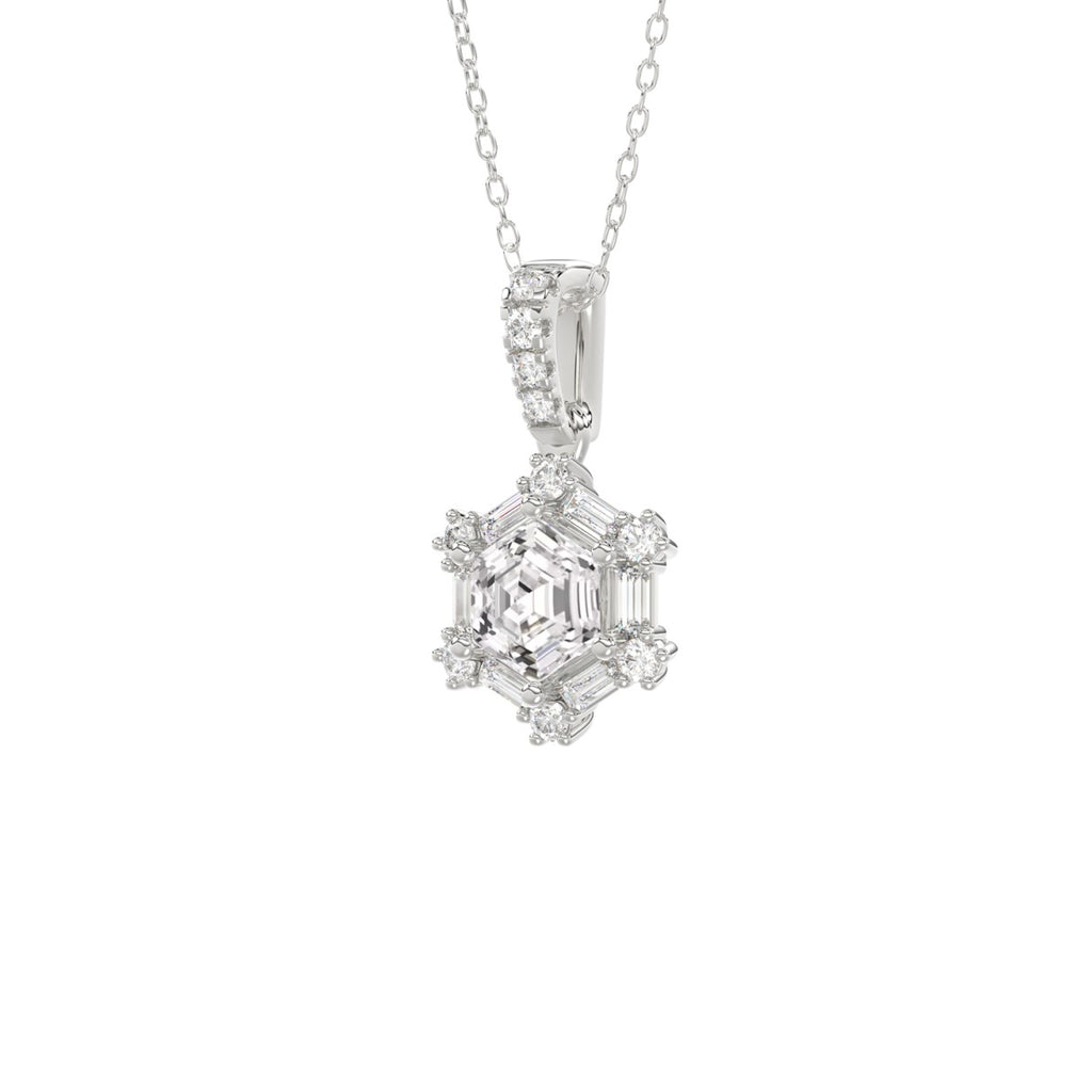 14K WHITE GOLD 1.00CT ROUND/BAGUETTE/HEXAGON STEP CUT DIAMOND LADIES PENDANT