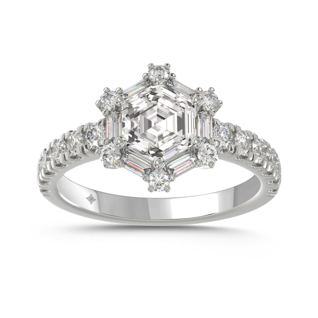 14K WHITE GOLD 1 3/4CT ROUND/BAGUETTE/HEXAGON STEP CUT DIAMOND LADIES RING