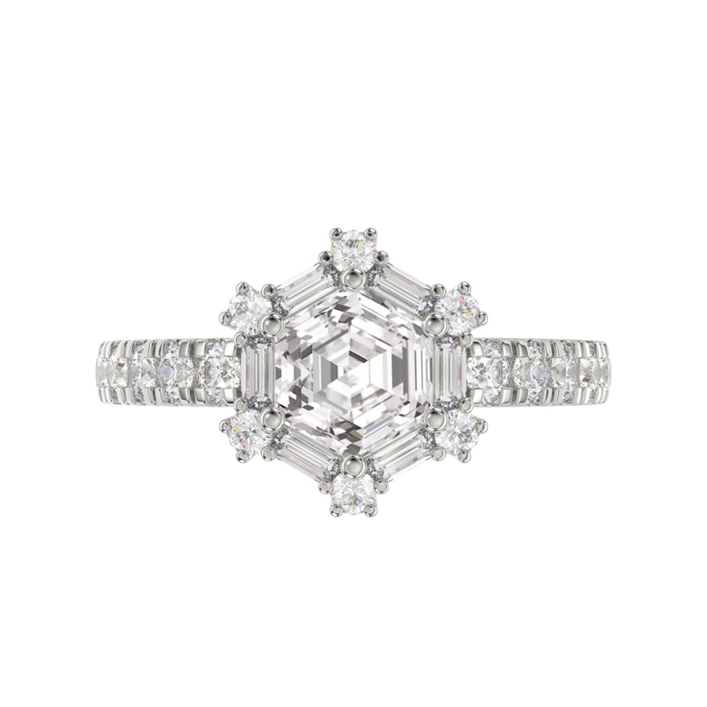 14K WHITE GOLD 1 3/4CT ROUND/BAGUETTE/HEZAGON STEP CUT DIAMOND LADIES RING