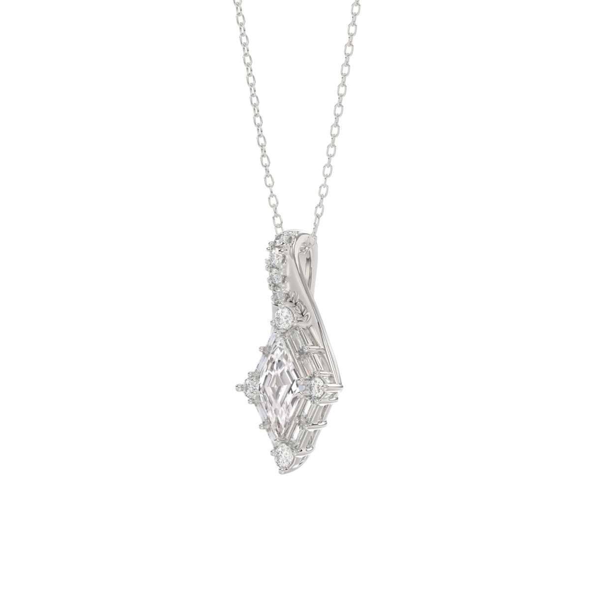 14K WHITE GOLD 1.00CT ROUND/BAGUETTE/KITE STEP CUT DIAMOND LADIES PENDANT