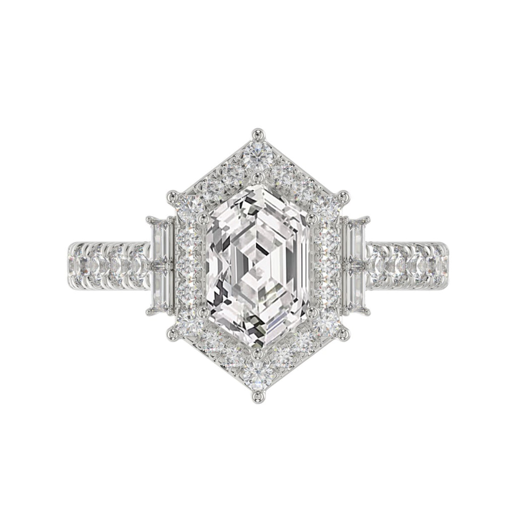 14K WHITE GOLD 2 1/4CT ROUND/BAGUETTE/HEXAGON DIAMOND LADIES RING