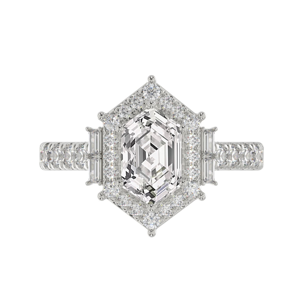14K WHITE GOLD 2 1/4CT ROUND/BAGUETTE/HEXAGON DIAMOND LADIES RING