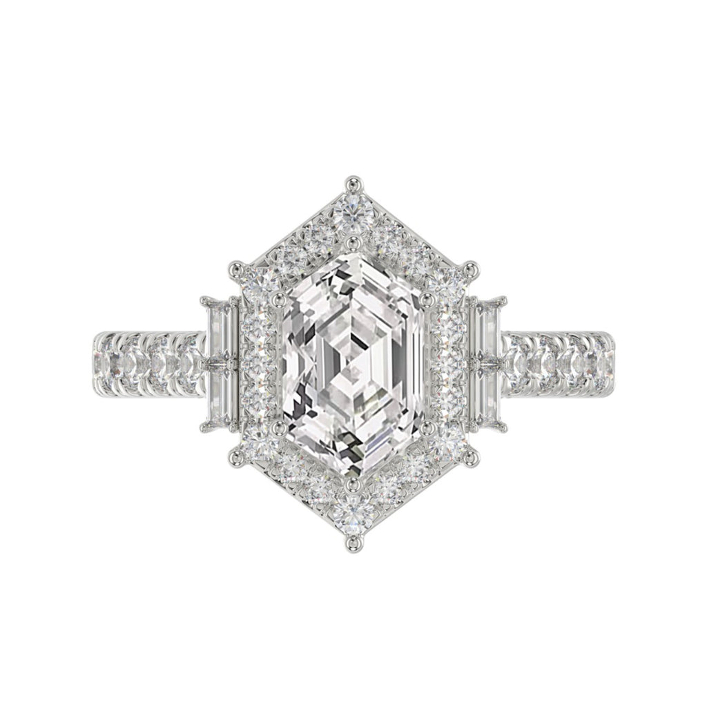 14K WHITE GOLD 2 1/4CT ROUND/BAGUETTE/HEXAGON DIAMOND LADIES RING