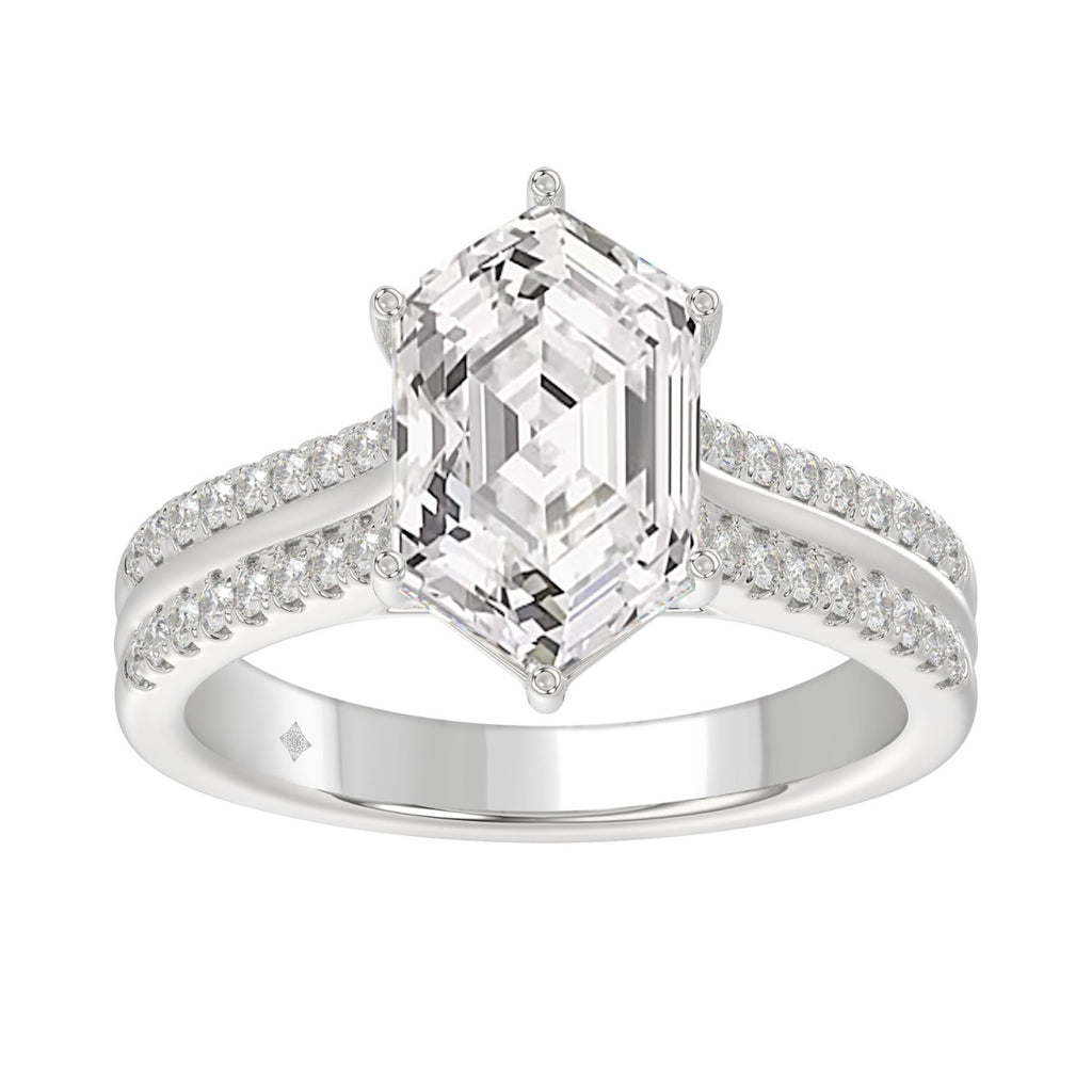 14K WHITE GOLD 3 1/4CT ROUND/HEXAGON DIAMOND LADIES RING (CENTER STONE HEXAGON STEP CUT DIAMOND 3CT