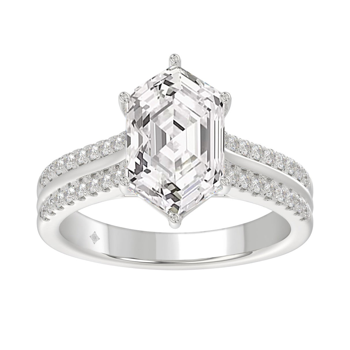 14K WHITE GOLD 3 1/4CT ROUND/HEXAGON DIAMOND LADIES RING (CENTER STONE HEXAGON STEP CUT DIAMOND 3CT