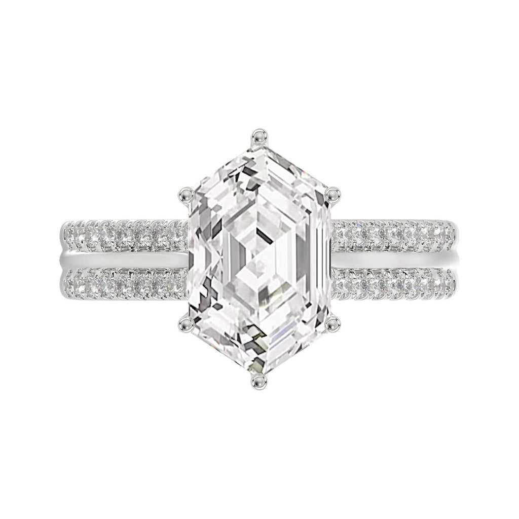 14K WHITE GOLD 3 1/4CT ROUND/HEXAGON DIAMOND LADIES RING (CENTER STONE HEXAGON STEP CUT DIAMOND 3CT