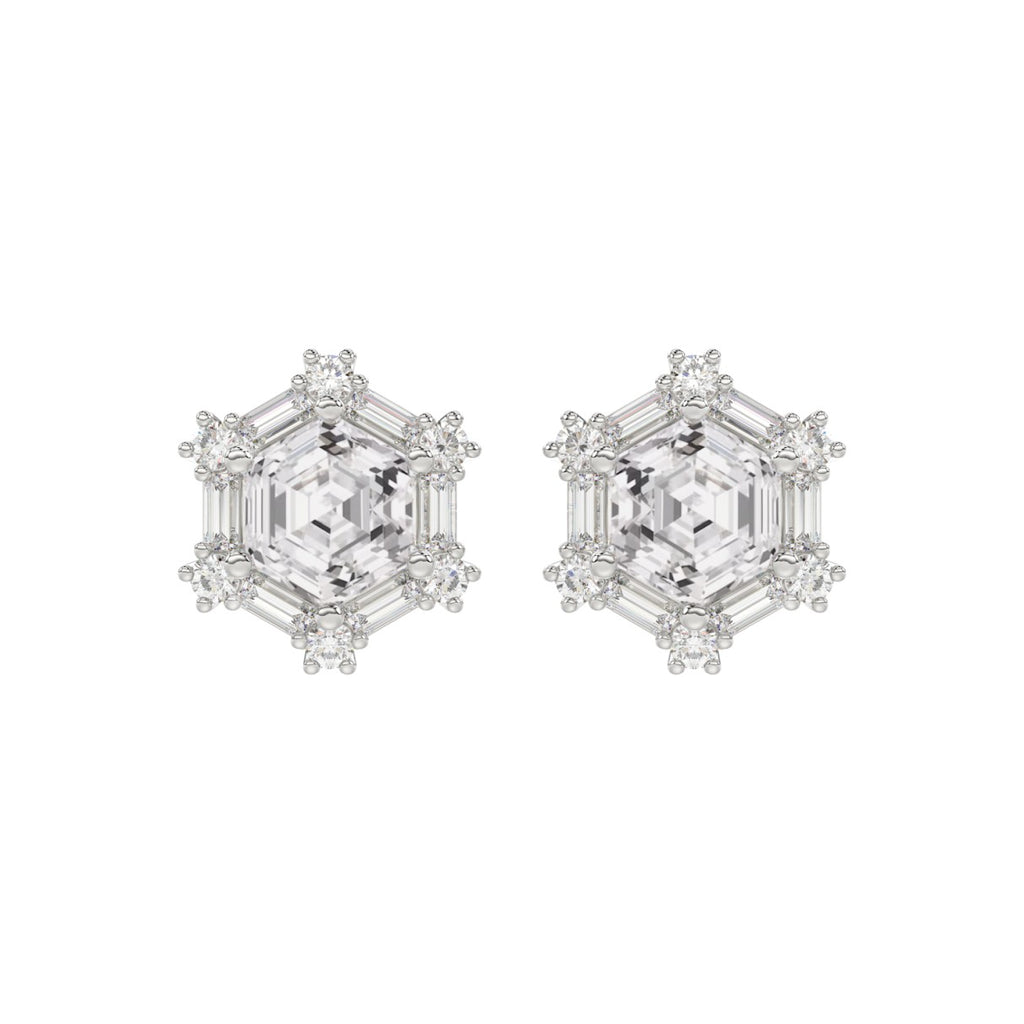 14K WHITE GOLD 1 1/4CT ROUND/BAGUETTE/HEXAGON STEP CUT DIAMOND LADIES EARRINGS