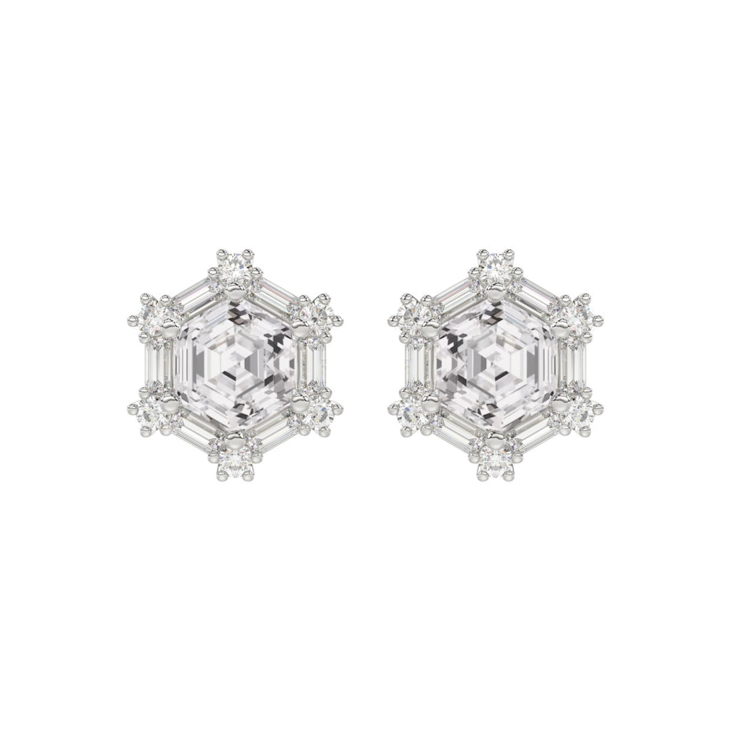 14K WHITE GOLD 1 1/4CT ROUND/BAGUETTE/HEZAGON STEP CUT DIAMOND LADIES EARRINGS